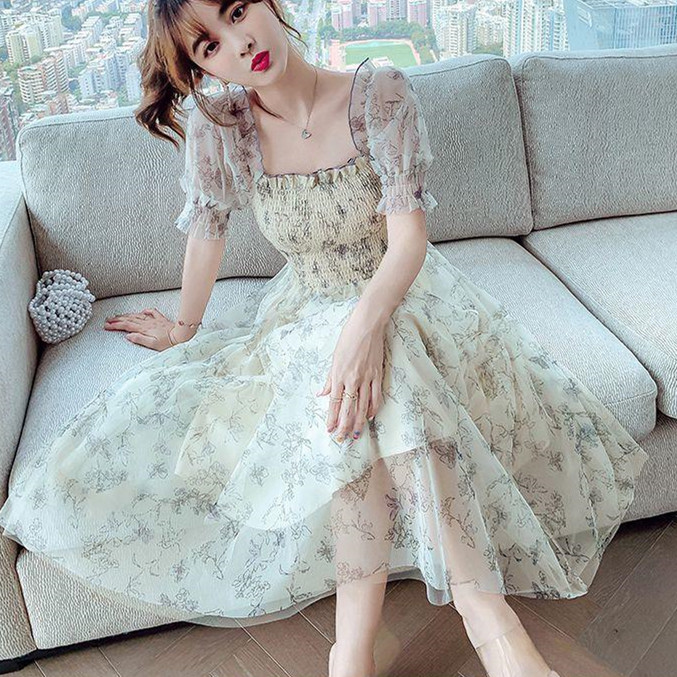 オケージョン ドレス 花柄シフォン パーティーワンピース 結婚式 フレア 半袖