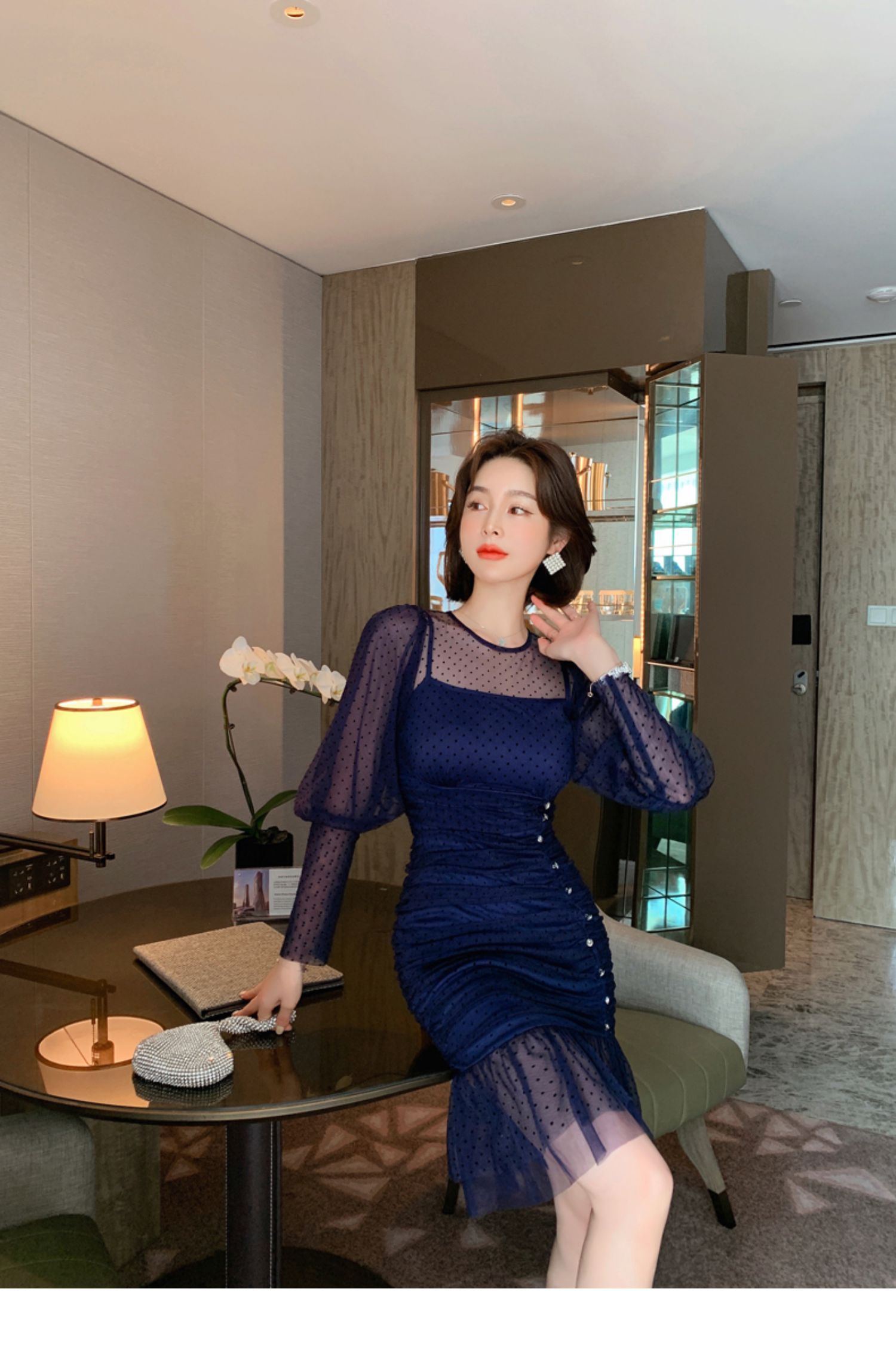 オケージョン ドレス ドット柄チュール袖マーメイドラインドレス