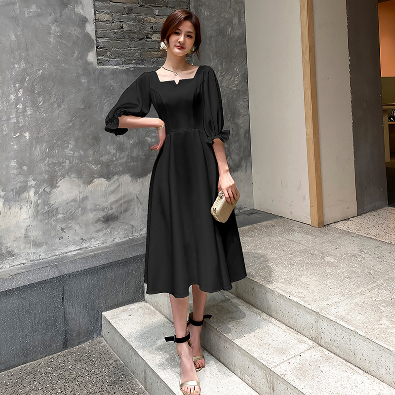 オケージョン ドレス パフスリーブスクエアネック上品ミモレ丈ワンピース