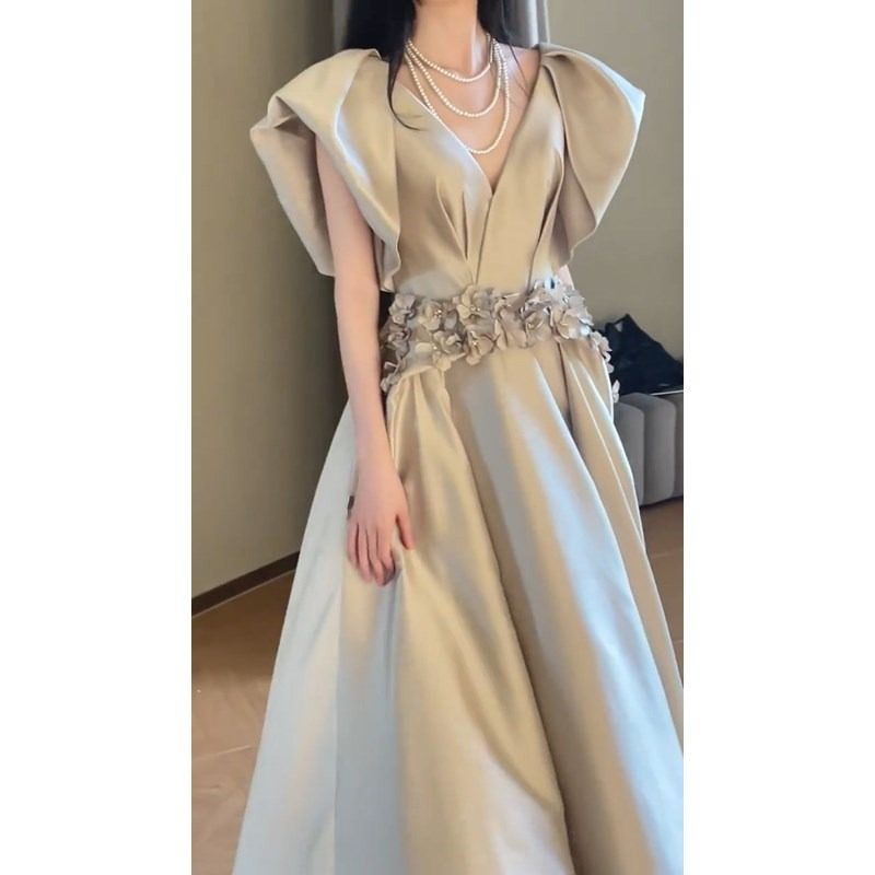 オケージョン ドレス 立体フラワーベルト付きフリル袖ブイネックロングドレス