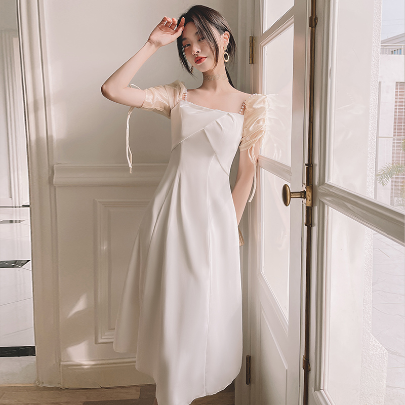 オケージョン ドレス シアーパフスリーブスクエアネックワンピース