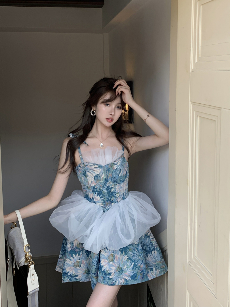 オケージョン ドレス 花柄刺繍チュールペプラムキャミソールドレス