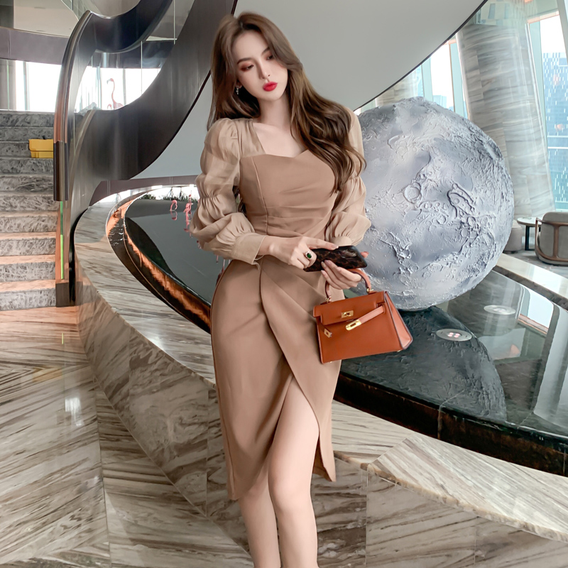 オケージョン ドレス シアーパフスリーブタイトドレス