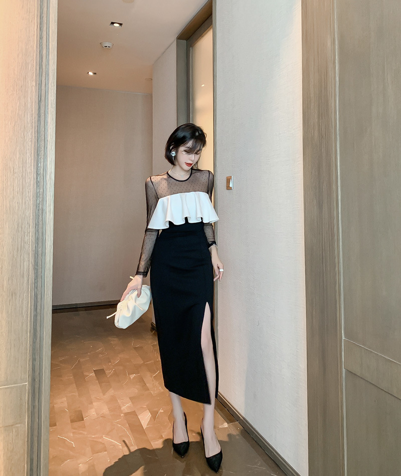 オケージョン ドレス ドット柄シアー袖フリル切替タイトワンピース