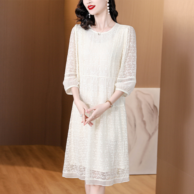 オケージョン ドレス シアーレース袖切替エレガントミディ丈ワンピース