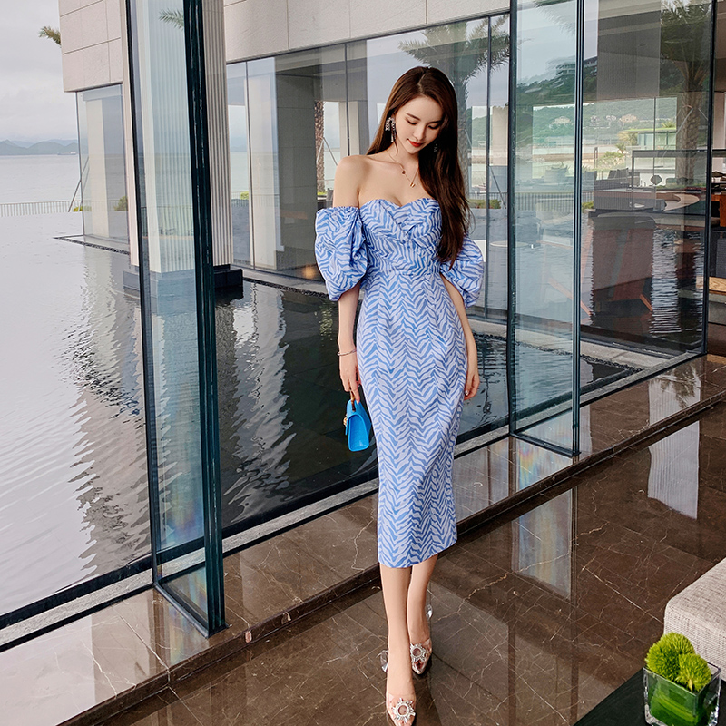 オケージョン ドレス 幾何学柄パフスリーブオフショルダーミディ丈ドレス