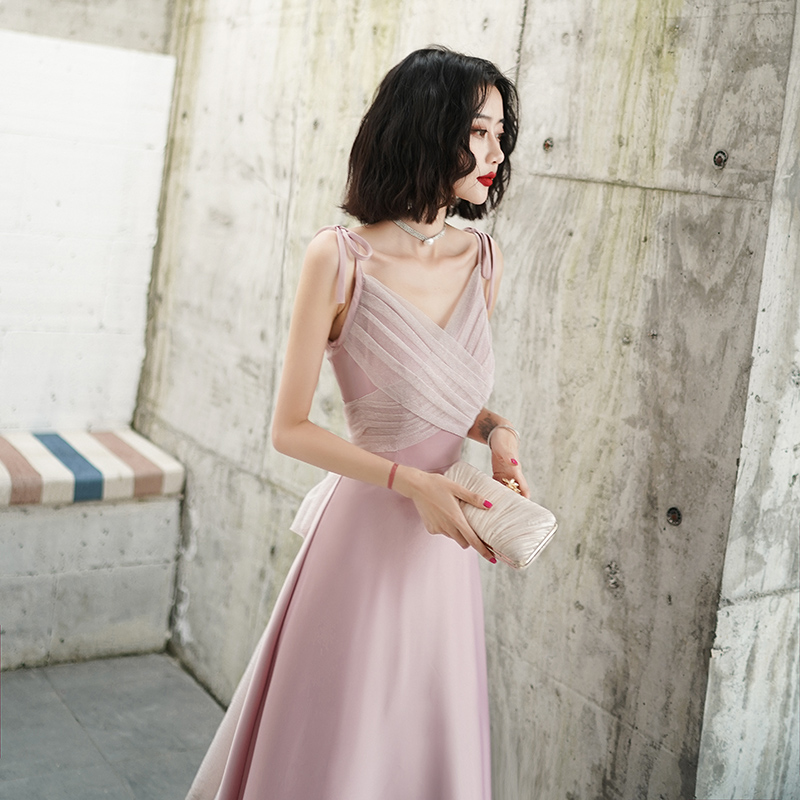 オケージョン ドレス 胸元クロスチュール切替リボン肩紐ロング丈ドレス