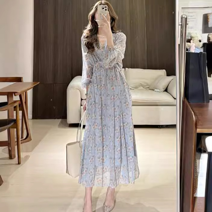 オケージョン ドレス 花柄シフォン ゆったりロングワンピース Vネック パフスリーブ