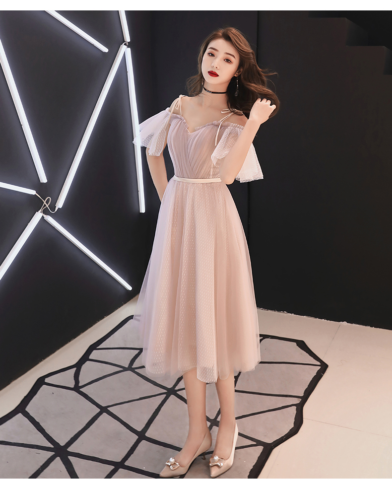 オケージョン ドレス オフショルダーチュールミモレ丈袖付きドレス