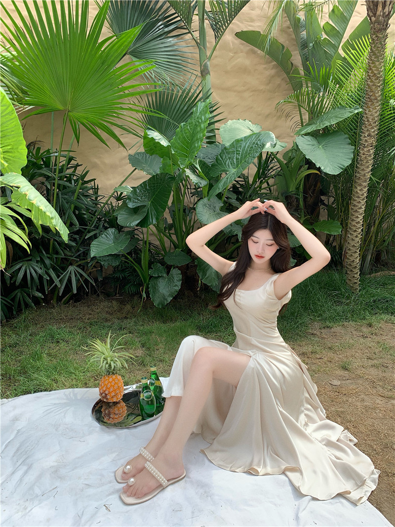 オケージョン ドレス アシンメトリーリボン付きスリット入りロングワンピース