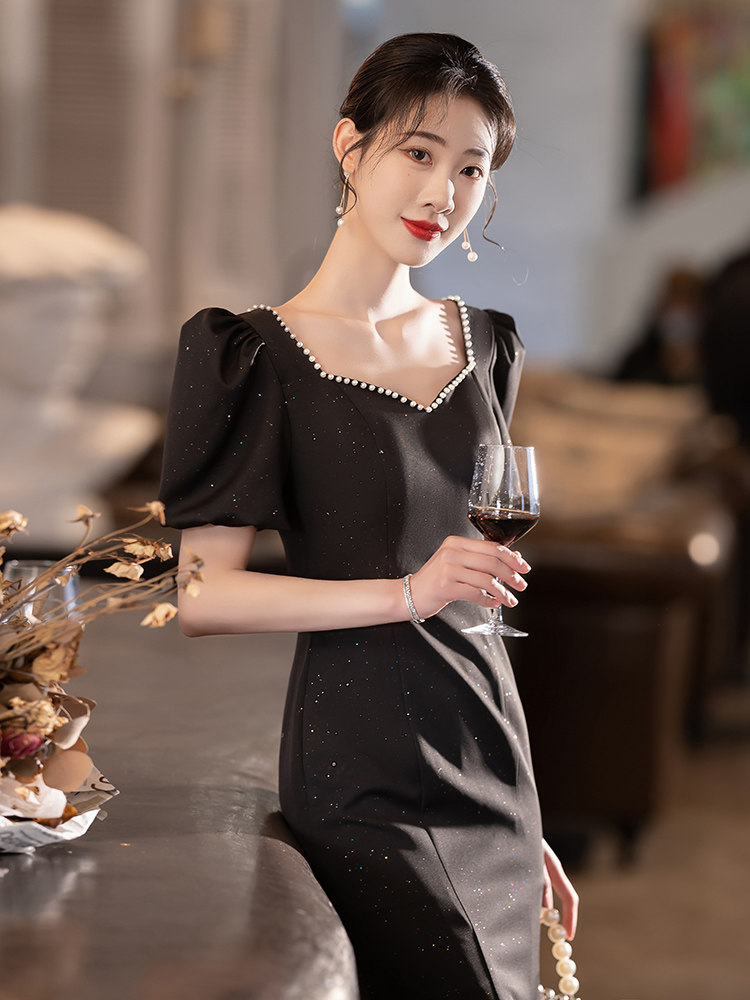 オケージョン ドレス パールネックライン付きパフスリーブマーメイドワンピース