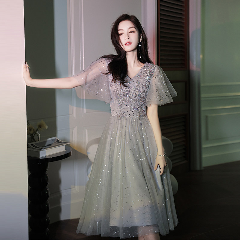 オケージョン ドレス 星空刺繍フレアスリーブチュールドレス