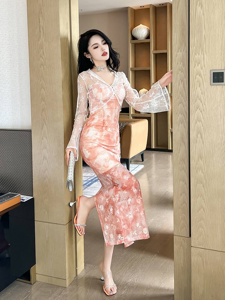 オケージョン ドレス 花柄レース重ね キャミソールタイトドレス