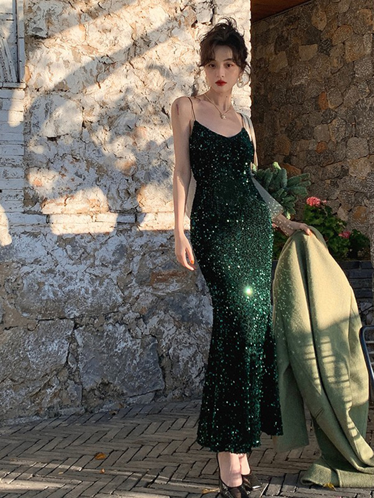 オケージョン ドレス 煌めきスパンコール細身細紐マーメイドロングドレス