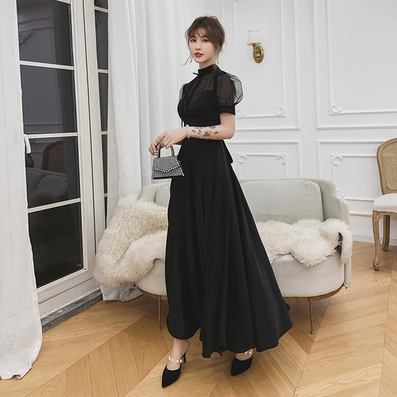 オケージョン ドレス シアー切替ハイネック半袖ロング丈ワンピース