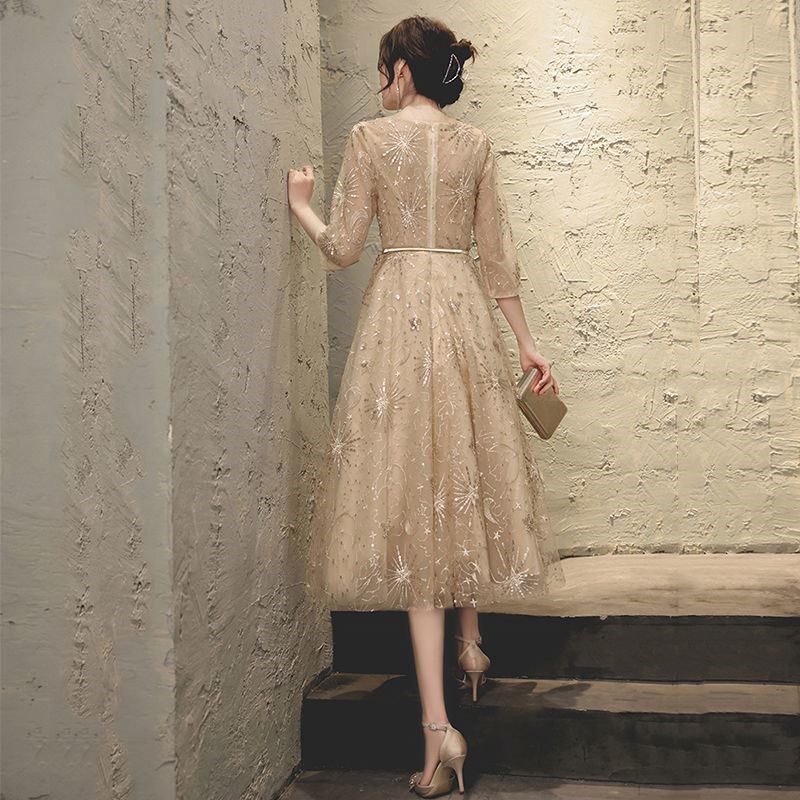 オケージョン ドレス 星空刺繍チュール五分袖ミディ丈ドレス