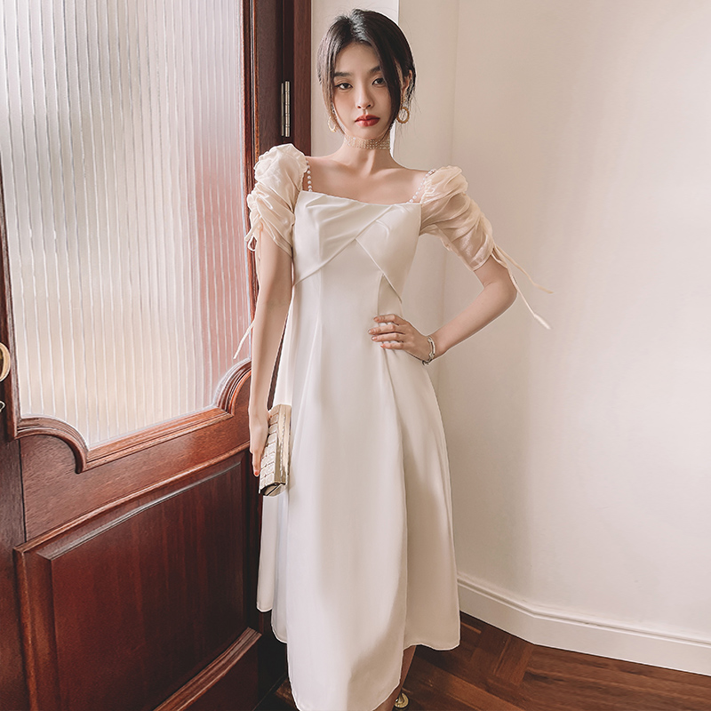 オケージョン ドレス シアーパフスリーブスクエアネックワンピース