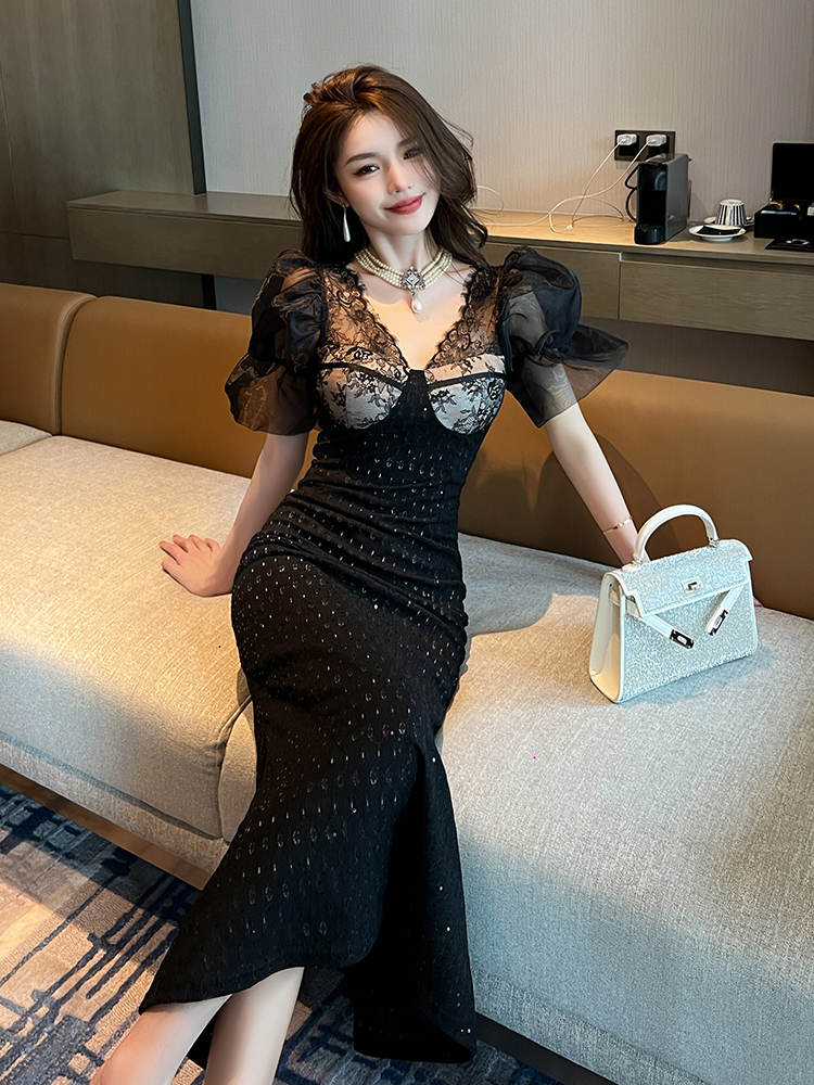オケージョン　ドレス 優美なレース切替パフスリーブマーメイド