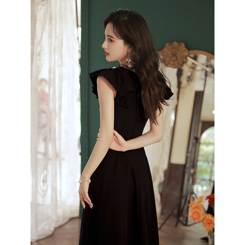 オケージョン ドレス ビジュー装飾フリル袖ロング丈上品ワンピース