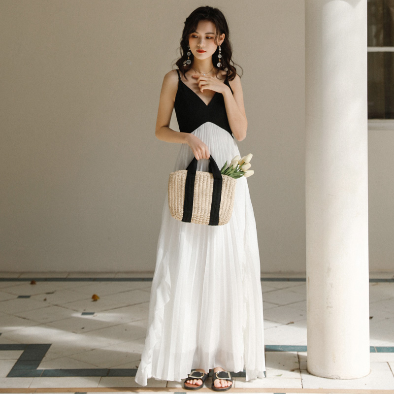 オケージョン ドレス 配色切替プリーツスカートキャミソールロングドレス