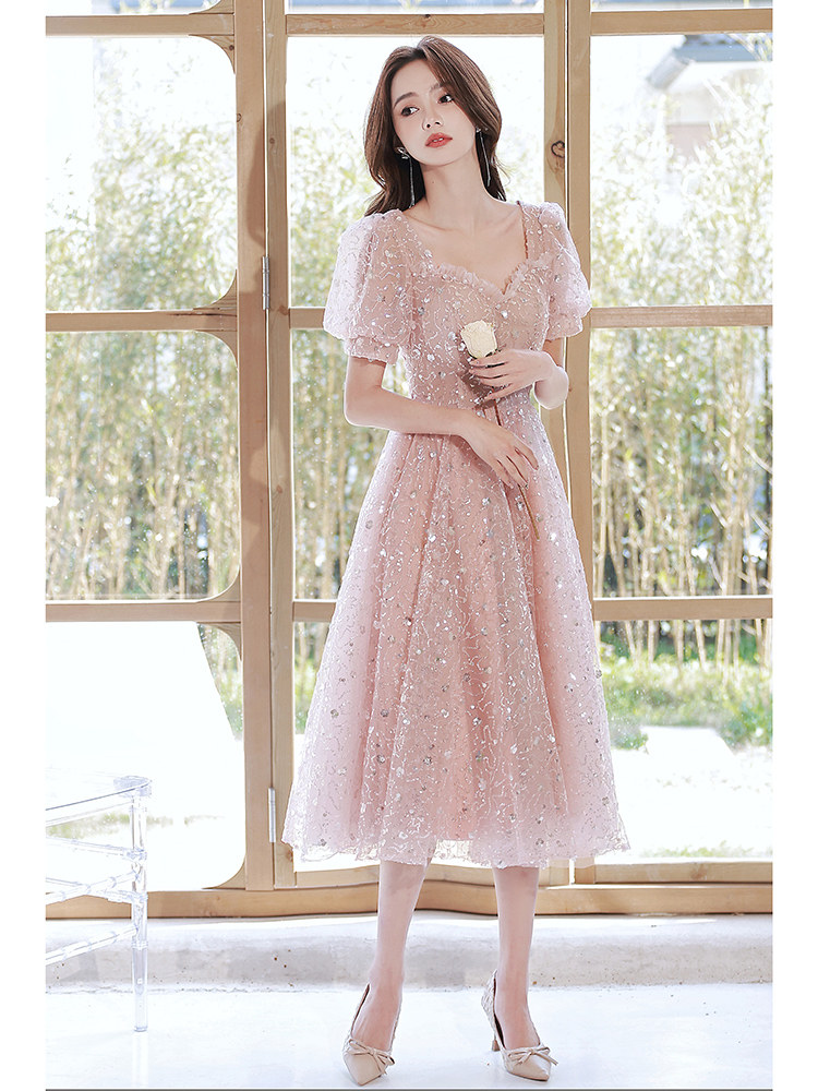 オケージョン ドレス 星屑スパンコール刺繍チュール半袖膝丈ドレス