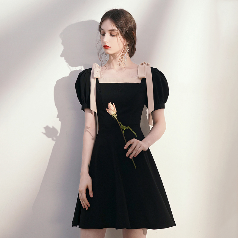 オケージョン ドレス 配色リボン付きパフスリーブフレアワンピース