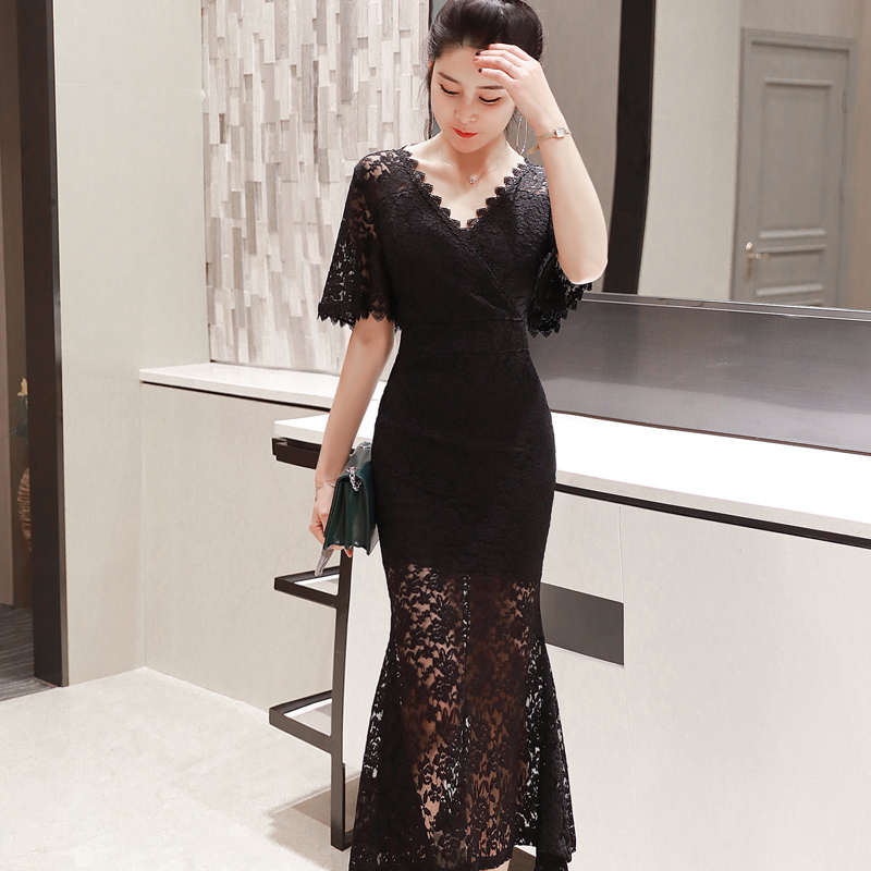 オケージョン ドレス 花柄総レース袖付きマーメイドロングドレス