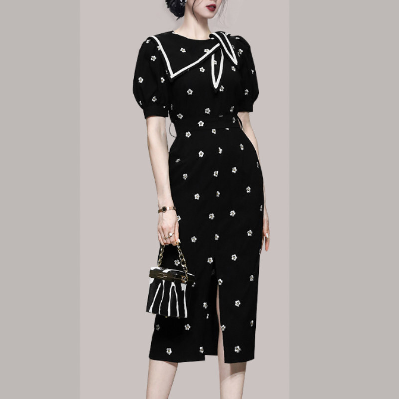 オケージョン ドレス セーラー襟リボン付き花柄刺繍パフスリーブワンピース