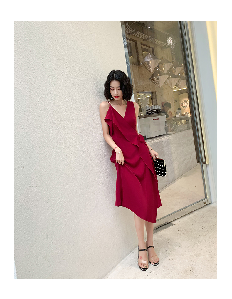 オケージョン ドレス パール付き非対称フリル深Vネックワンピース