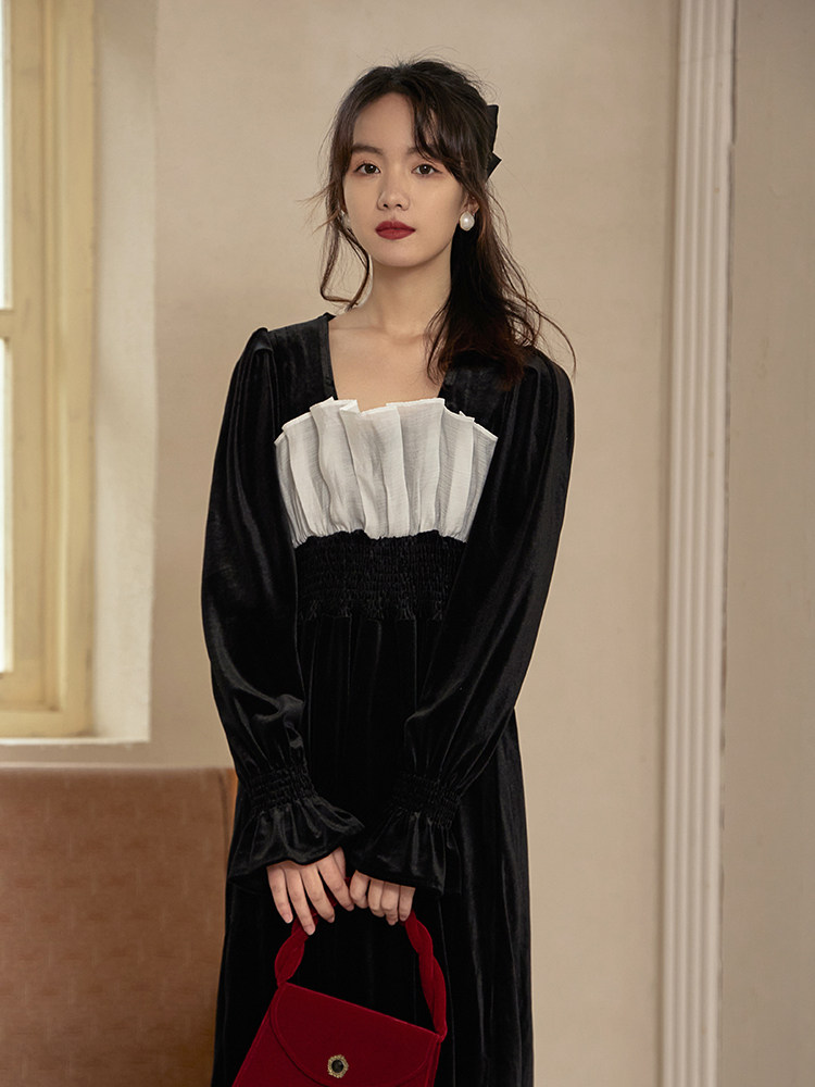 オケージョン ドレス 胸元切替フリル袖ベロアロングドレス