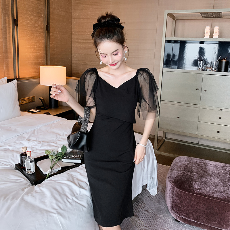 オケージョン ドレス 袖チュールハートネックタイトドレス