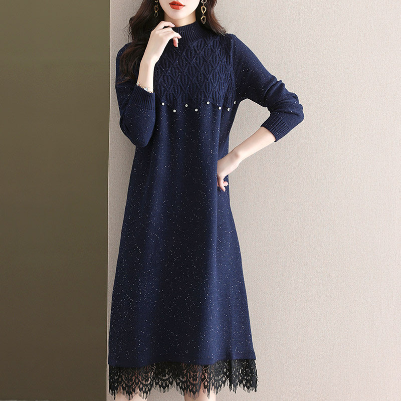 オケージョン ドレス パール付きニット素材裾レース切替ワンピース