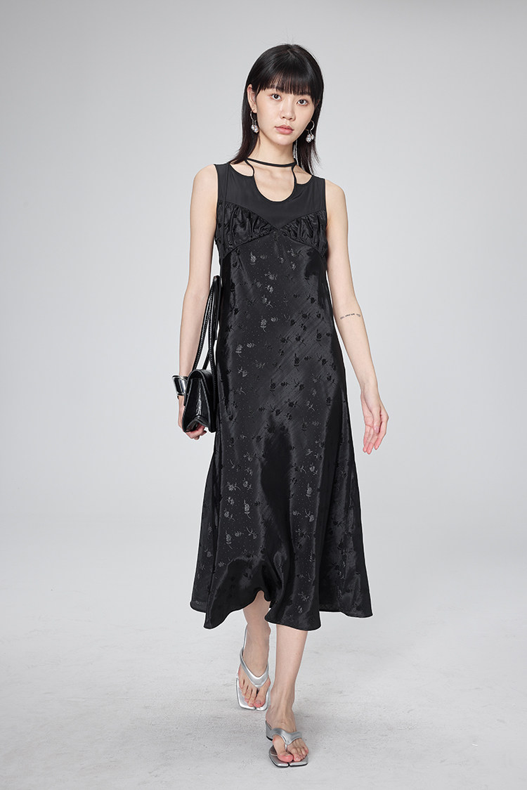 オケージョン ドレス フリンジ装飾ベルベット調ノースリーブワンピース