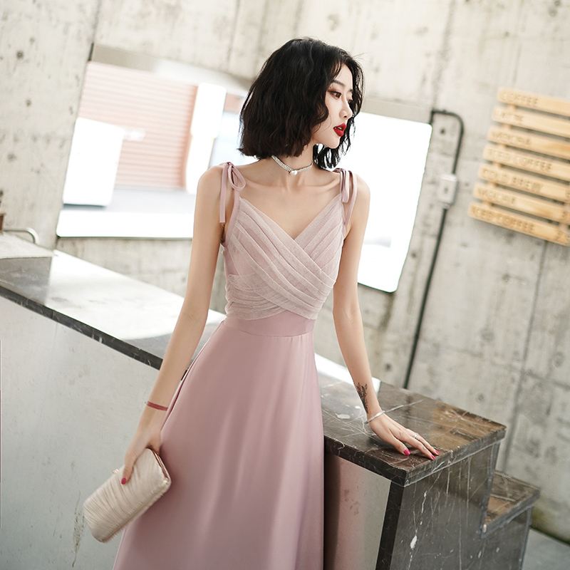 オケージョン ドレス 胸元クロスチュール切替リボン肩紐ロング丈ドレス