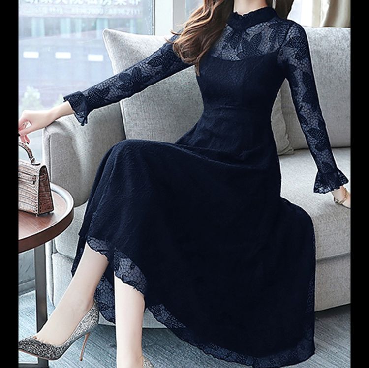 カラードレス ピンク 長袖レース総柄ドレス パーティー結婚式二次会