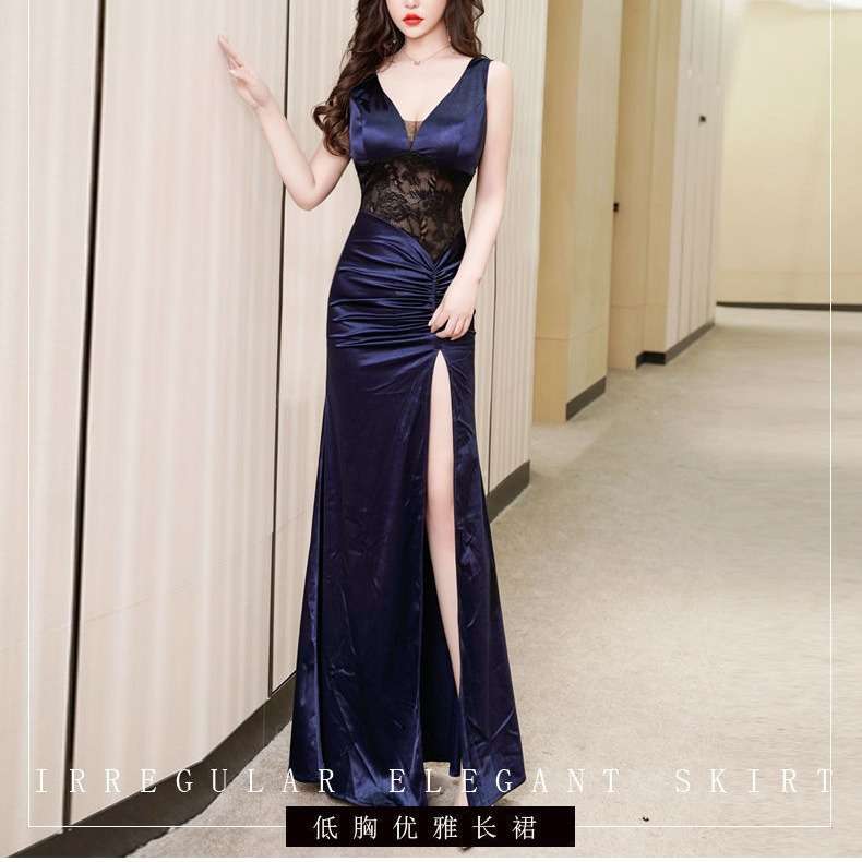 カラードレス 優美なマーメイドライン レース切替ロングドレス