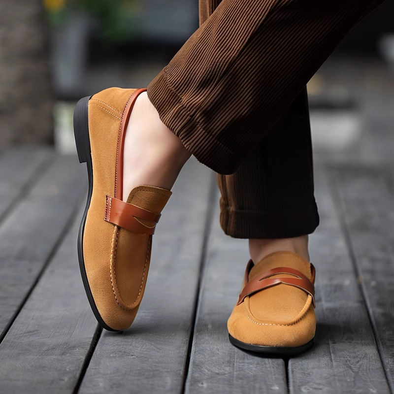 ドライビングシューズ 本革スエード調ペニーストラップローファー