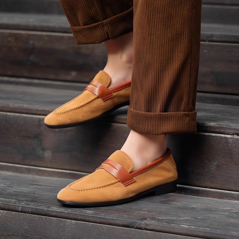 ドライビングシューズ 本革スエード調ペニーストラップローファー