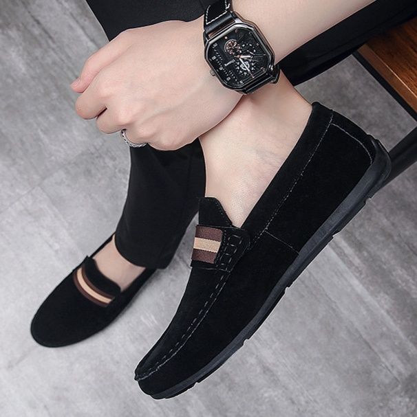 ドライビングシューズ 上質スエード素材ストライプベルト付きローファー