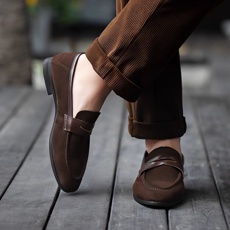 ドライビングシューズ 本革スエード調ペニーストラップローファー