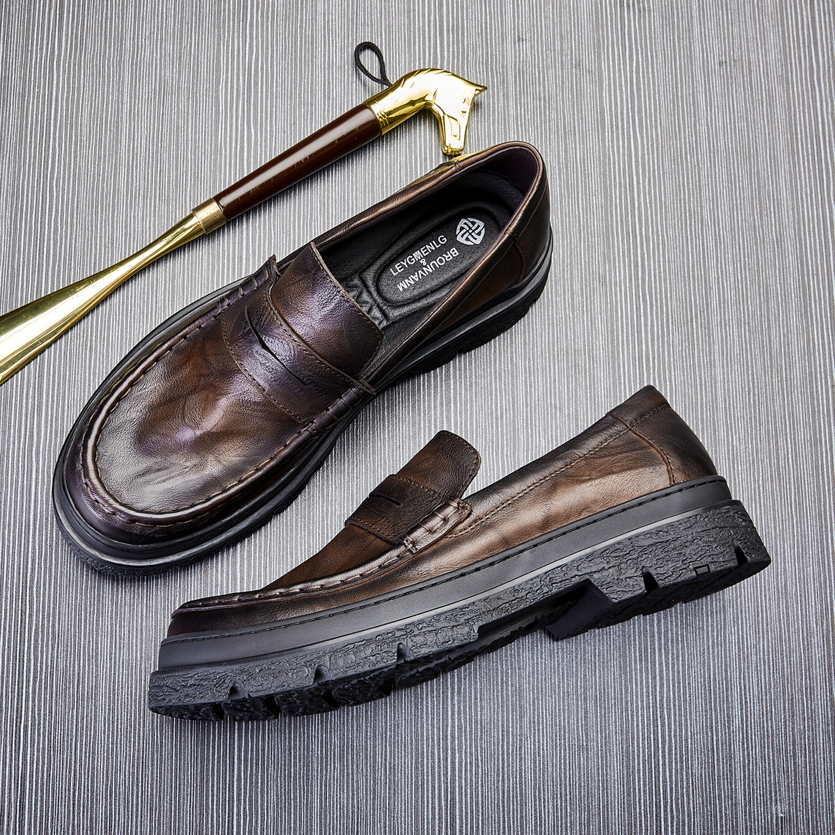 ドライビングシューズ 厚底ソール本革ローファー紳士靴