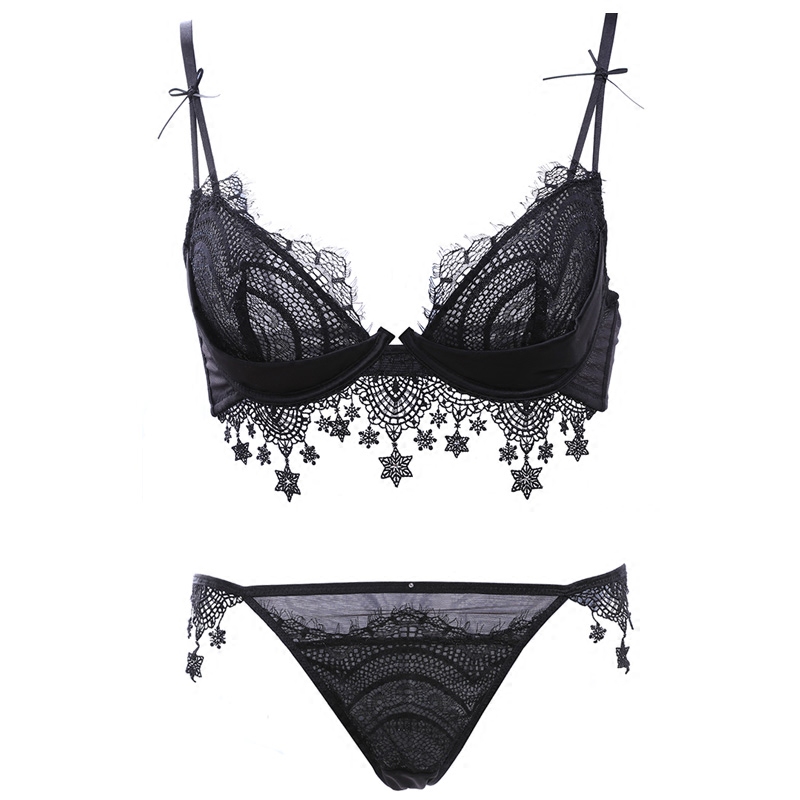 エロ下着 花刺繍レース肩リボン付きセクシーブラセット