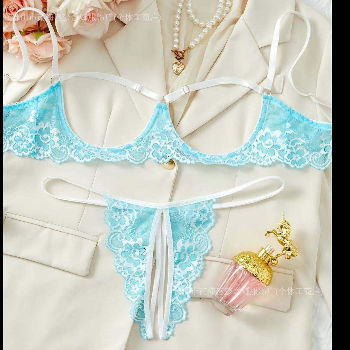 エロ下着 花柄総レース紐リボン付き透け感 ブラ&ショーツセット