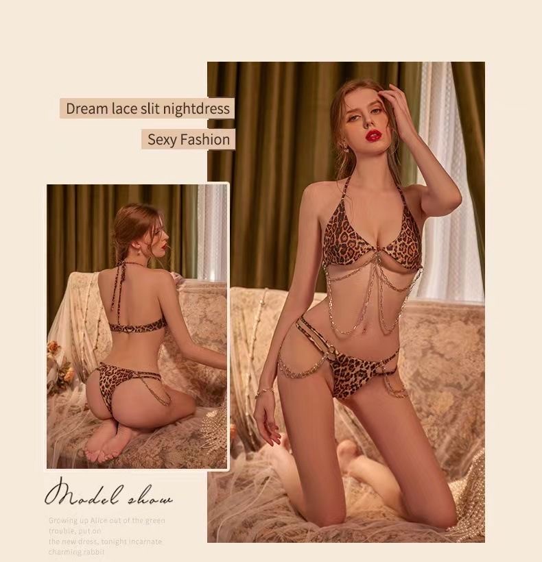 エロ下着 豹柄チェーン装飾ブラ＆ショーツセット