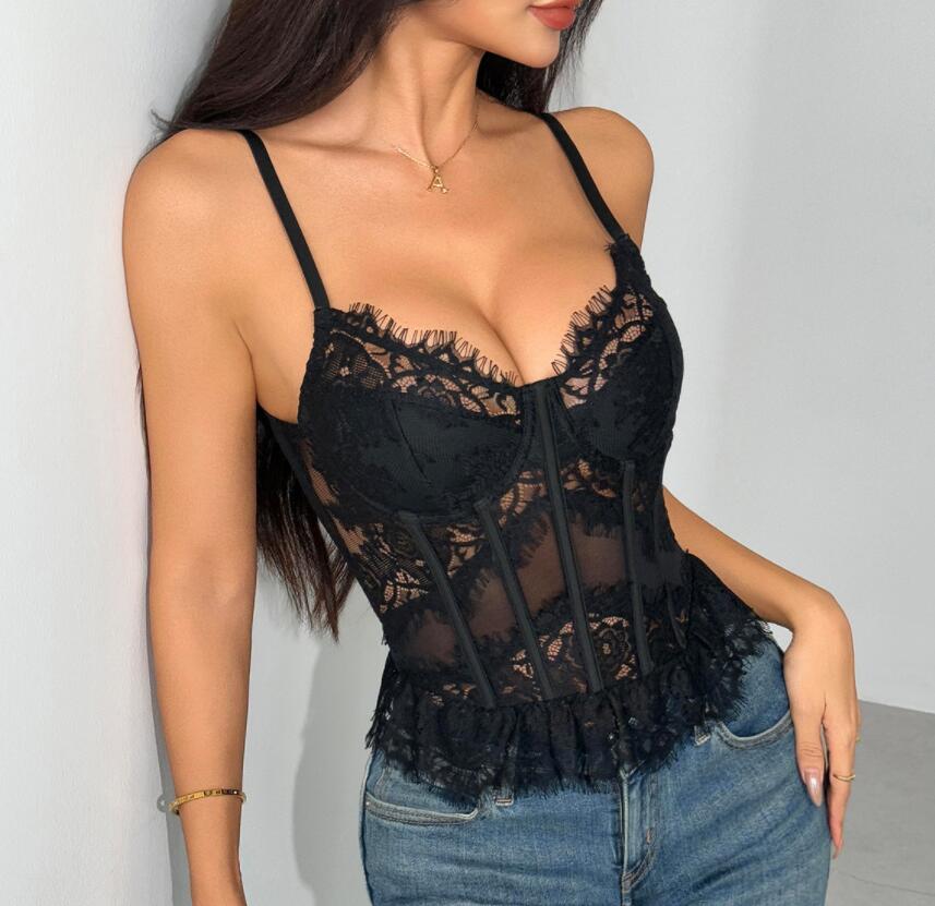 エロ下着 黒レース透け感テディランジェリー キャミソール