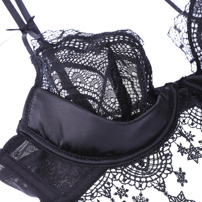 エロ下着 花刺繍レース肩リボン付きセクシーブラセット