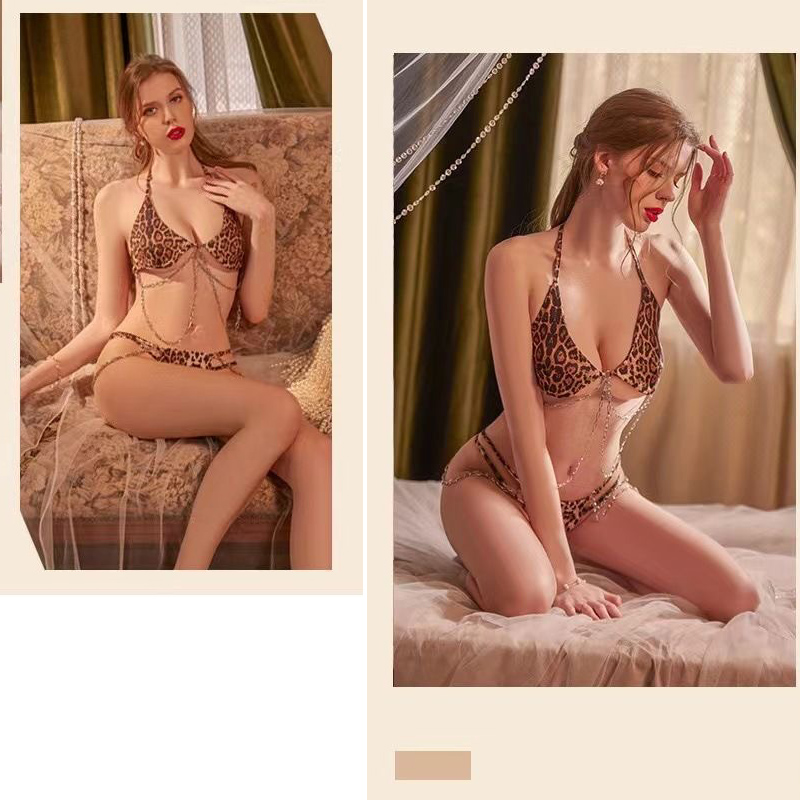 エロ下着 豹柄チェーン装飾ブラ＆ショーツセット