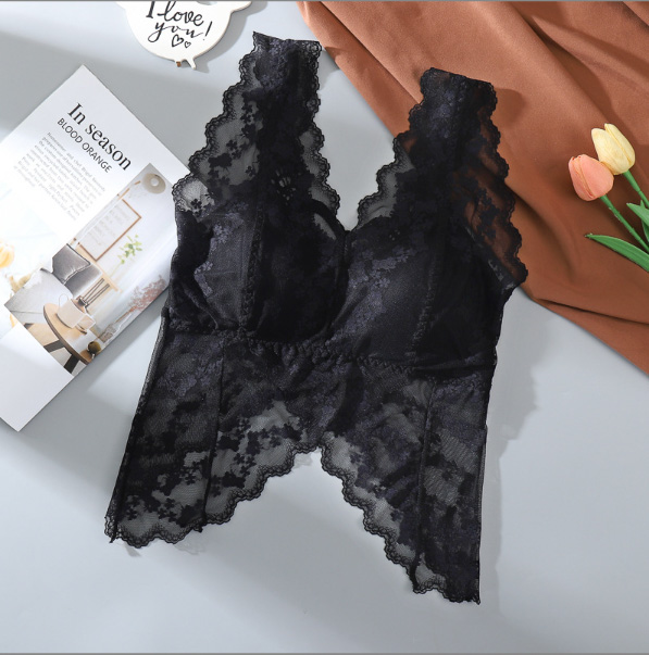 エロ下着 花柄レーステディランジェリー カップ付き透け感ブラトップ
