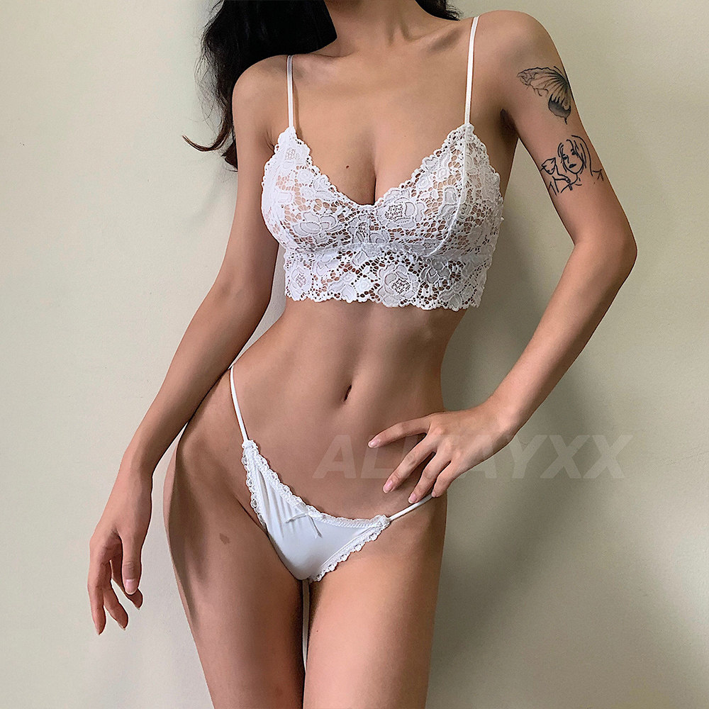 エロ下着 総レース花柄刺繍ノンワイヤーブラ＆ショーツセット
