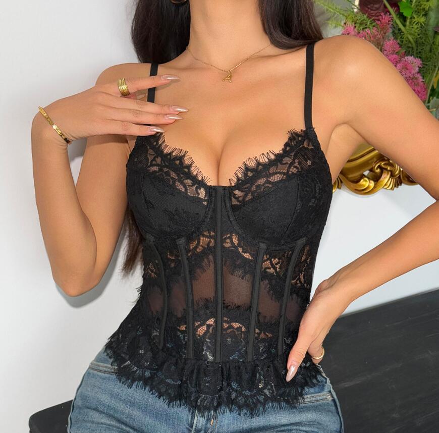 エロ下着 黒レース透け感テディランジェリー キャミソール